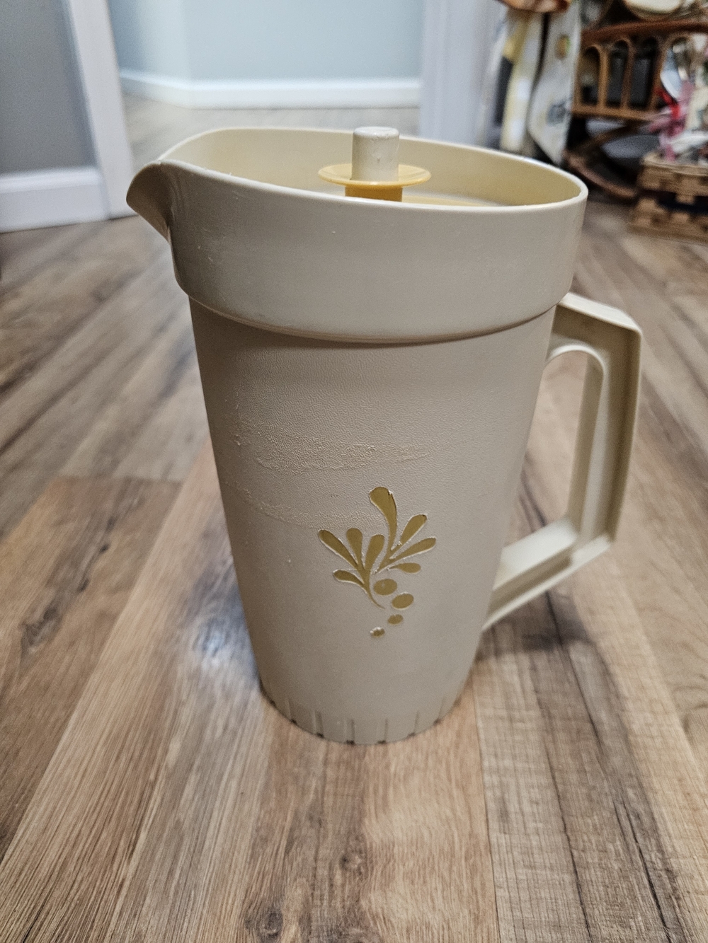 Cream Plastic Pitcher with Yellow Floral Accent